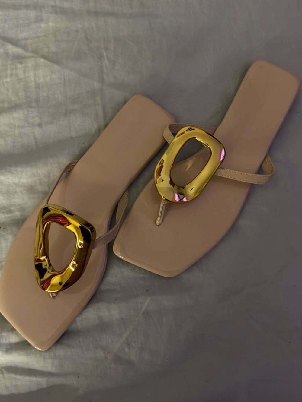 Amazon Blush Square-Toe Thong Sandals with Gold Accent